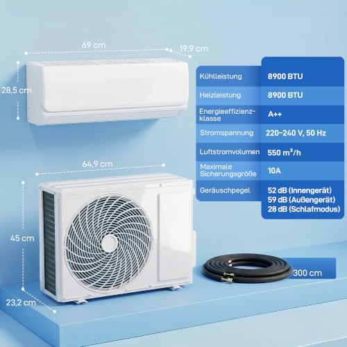 HOMCOM Split Klimaanlage 9000 BTU 2,6kW A++ Inverter Klimageräte Set