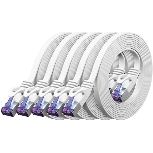 deleyCON 0,5m Flaches CAT7 Netzwerkkabel 10 Gbit/s, 5 Stück - Weiß