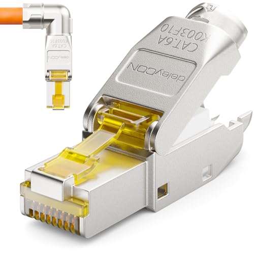 deleyCON CAT 6a Netzwerkstecker 90° Winkel RJ45 10 Gbit/s, 1 Stück | Werkzeuglos, geschirmt, für starre Verlegekabel, Rohkabel, Steckverbinder RJ45 Ethernet LAN DSL Patchkabel