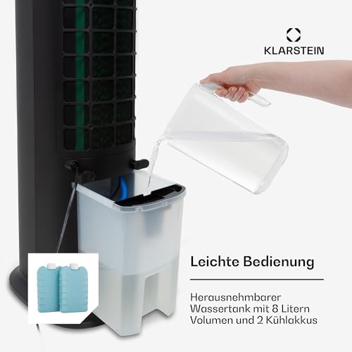Klarstein Skytower Grand Smart Ventilator Mit Wasserkühlung – 4-in-1 Luftkühler, Luftreiniger & Luftbefeuchter, 460 m³/h, Wi-Fi & App-Steuerung, 8L Tank, Timer, Ionisator, Ideal für Räume, Schwarz