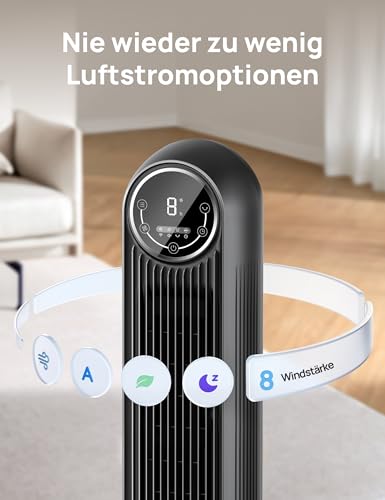 DREO Leiser Turmventilator, 10 m Wurfweite 8 Geschwindigstufen 4 Modi 8 Std. Timer 90° oszillierende Ventilator mit Kühlung Fernbedienung für Schlafzimmer,Turmventilator 307, Schwarz