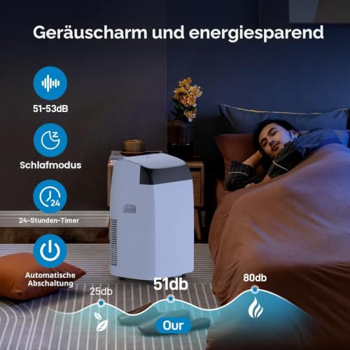 GarveeTech Tragbare Klimaanlage 12000 BTU, 4-in-1 Mobile Klimaanlage Ohne Außengerät Mit Kühlung/Entfeuchtung/Ventilation/Luftführung, Leiser Betrieb, Energieklasse A