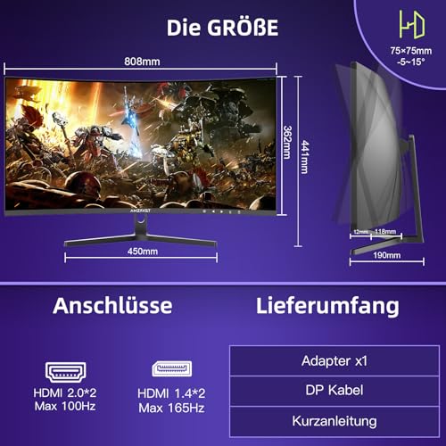 Amzfast Gaming Monitor 34 Zoll, 165hz, 2560x1440 QHD,1ms MPRT, AMZG34C5Q