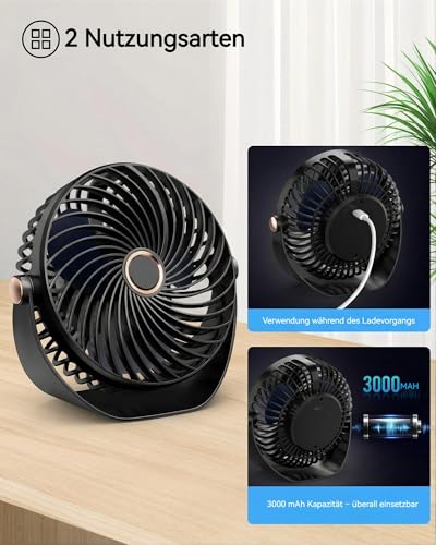 Tischventilator Klein,26dB Leiser Wiederaufladbarer USB Ventilator,5 Geschwindigkeiten,3000mAh Akku,360° Verstellbar,Turbinenlüfter mit Starkem Luftstrom für Zuhause Büro Reisen Camping (schwarz)