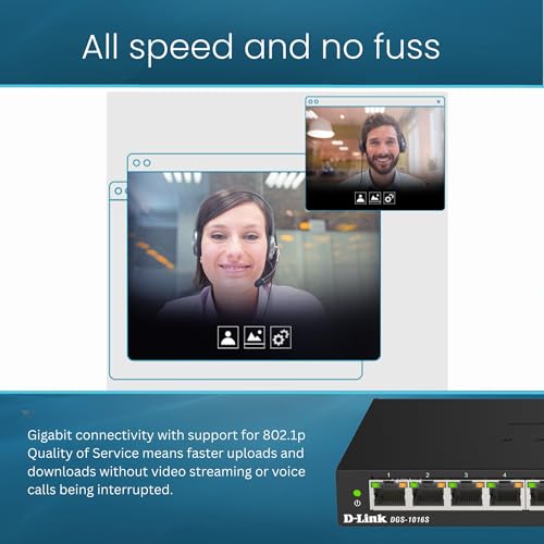D-Link DGS-1016S 16-Port Unmanaged Gigabit Switch (ohne Lüfter, Low Profile Metallgehäuse, Desktop / Wandmontage, Plug-and-Play, 802.1p QoS, 802.3az EEE), schwarz