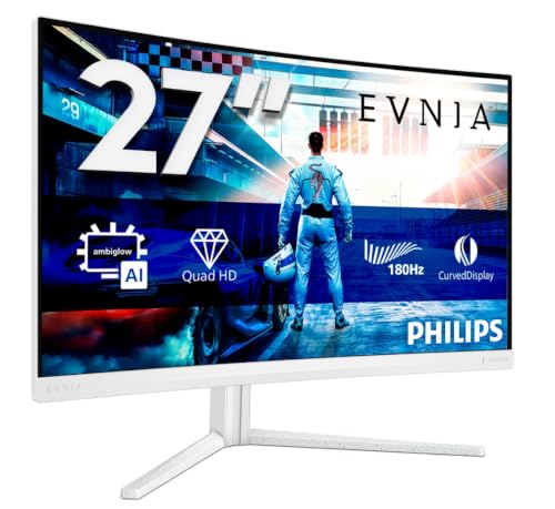 PHILIPS Evnia 27M2C5501-27 Zoll Quad HD Curved Gaming Monitor, 180 Hz, 1 ms, FreeSync Premium, HDR10, Ambiglow (2560x1440, 2X HDMI 2.0, 1x DisplayPort 1.4) Weiss