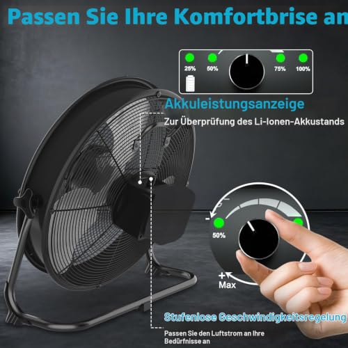 T-SUN 40cm Akku Ventilator mit Lampe, Bodenventilator kompatibel mit Makita 18V-Ohne Akku, Stufenlos Neigbarer, 1,5m Adapter, Leise Lüfter mit Typ C und USB-Aufladung für Camping Werkstatt Baustelle
