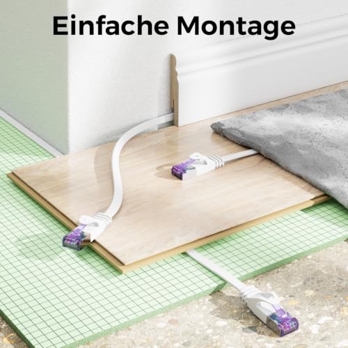 deleyCON 7,5m Flaches Cat7 Netzwerkkabel RJ45 10 Gbit/s LAN - Weiß | RJ45 Ethernet Patchkabel Verlegekabel flach, für Internet, Switch, Router, Modem und Patchpanel