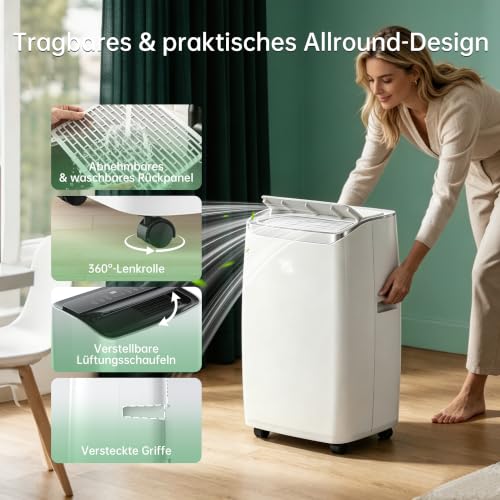 PHILODECO Mobile Klimaanlage mit Heizfunktion 12000 BTU mit Fernbedienung, 5-in-1 Klimagerät Heizen & Kühlen, 24h Timer, R290, für Räume, Weiß