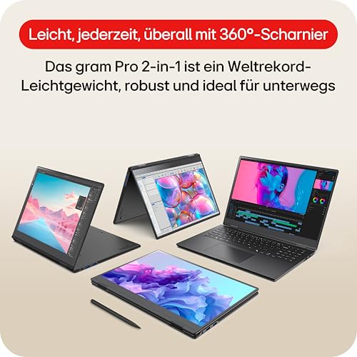 LG gram Pro 16 16T90TP-K.AA78G (16 Zoll) OLED 2in1 Notebook, Intel Core Ultra 7 255H, Intel Arc™ 140T GPU, 16GB RAM, 1TB SSD, federleicht (1,399 kg), gram AI, 77 Wh, Thunderbolt 4, Schwarz