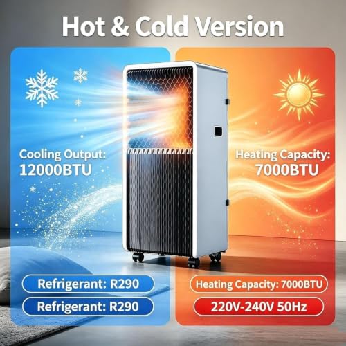 14000 BTU Mobile Klimagerät Nur Kühlung ohne Heizfunktion, 220-240V 50Hz Monoblock AC Wandergerät mit Kompressor, Abluftschlauch und Fensterkit, Rollen,, A+hot & Cold 12000 Btu, A+Hot & Cold 12000 BTU