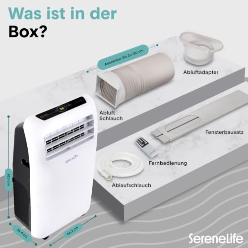 SereneLife Mobile Klimaanlage 3,5 kW 12000 BTU – Klimaanlage mit Heizfunktion | Für Zimmer bis 37 m² | Leise 42 dB Klimagerät mit Entfeuchter, Lüfter, Fernbedienung