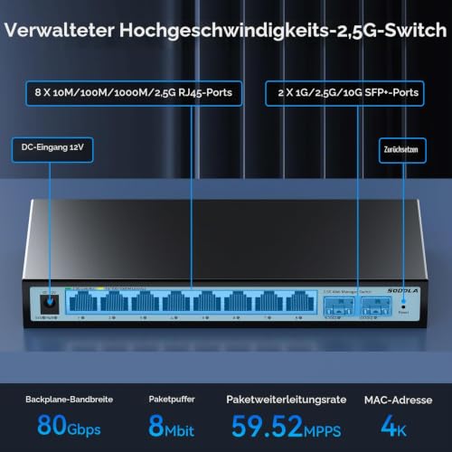 SODOLA 10 Port 2.5Gb Web Managed Switch, 8 x 2,5Gbit Base-T-Ports, 2 x 10G SFP+, Lüfterloser Multi-Gigabit Ethernet-Switch für Wireless AP, NAS, PC