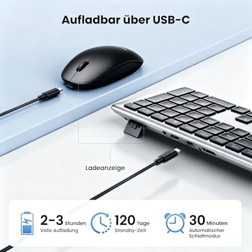 TECKNET Tastatur Maus Set Kabellos, 2.4G Wiederaufladbare Maus und Tastatur