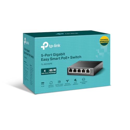 TP-Link TL-SG105PE 5-Port Gigabit Managed LAN PoE Switch mit 4 PoE+ Ports (65 Watt, IEEE-802.3af/at, einfache Konfiguration, IGMP, QoS, VLAN, lüfterlos, Robustes Metallgehäuse) Schwarz