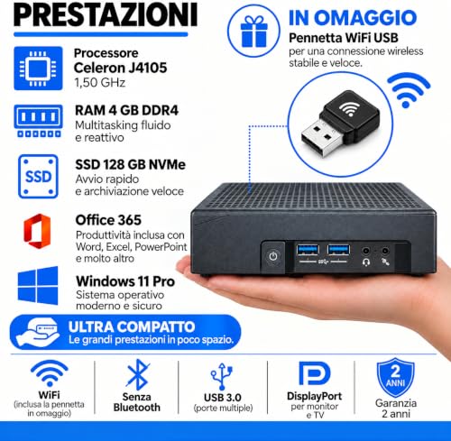Betashop Mini-PC Nuc Generalüberholt -DS190P-Mini pc-Celeron J4105-1.50GHz-4096Mb-SSD 128GB NVMe Windows 11 Pro und Office 365.