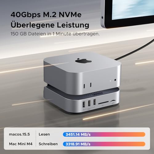 UGREEN Mac mini M4 Dock 40Gbps M.2 NVMe SSD Gehäuse, 5X 10Gbps USB-Anschlüsse, Docking Station mit HDMI(8K@30Hz max.) für Dual Display, SD/TF 4.0 & 3,5mm Aux – Kompatibel mit Mac mini M4/ M4 Pro