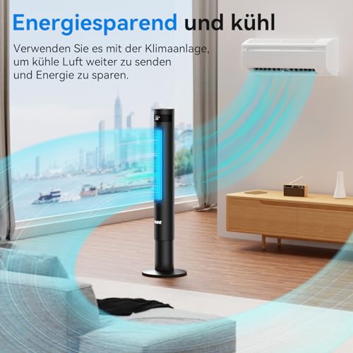YASHE Turmventilator mit Fernbedienung, 3 Geschwindigkeitsstufen, 3 Modi, 28 dB leiser, 12-Stunden-Timer, 85°-Oszillation ohne Rotorblätter für Zuhause, Schlafzimmer und Büro