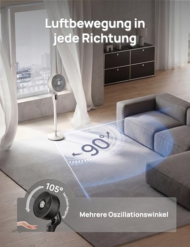 DREO Leiser Standventilator für Schlafzimmer [Verbessert], 27m Luftstrom, Leise, 90° Oszillierend, DC-Motor, 8 Geschwindigkeiten, 3 Modi, 96–106cm Höhenverstellbar, 8H Timer, 105° Manuell Neigbar