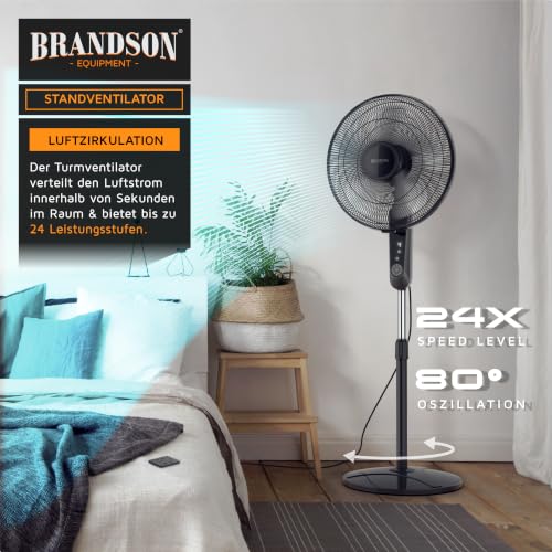 Brandson Standventilator leise, DC-Motor, Fernbedienung, 24 Stufen, Schwarz | Unter 40 dB(A) in Stufe 1, Timer bis 7,5 Std., LCD-Anzeige, Oszillation 80°, Schlafzimmer, Wohnzimmer, Heimbüro