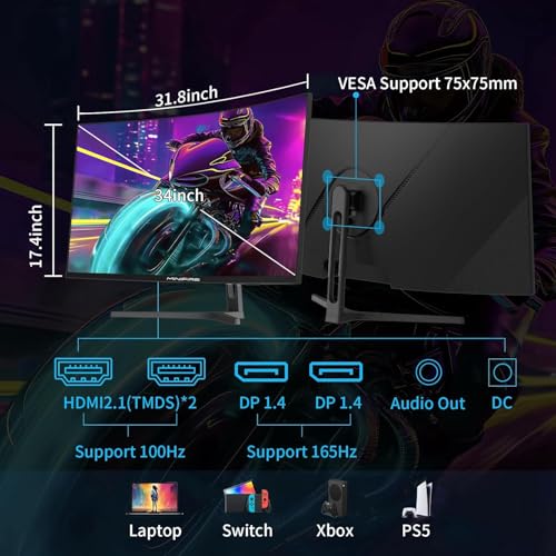 Minifire 34 Zoll UWQHD Curved Gaming Monitor 165Hz(DP),3440 x 1440, Curved 1500R,1ms(MPRT),Pip/PBP,FreeSync,HDR, 300nits, sRGB 125%, DCI-P3 95%,VA Panel,2xHDMI 2.1(TMDS) 2xDP 1.4 Ports MFG34C5Q