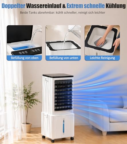 Klimaanlage Mobil, 14L 60W Klimaanlage ohne Abluftschlauch mit 12H Timer, 3 Modus, 40dB, 120°Oszillation, Abnehmbare Wassertank, Fernbedienung, Leise Klimagerät Air Conditioner für Wohnung Zimmer