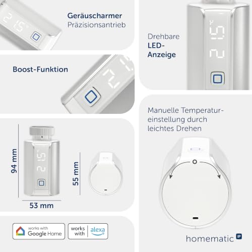Homematic IP Heizkörperthermostat – Evo, Silber | Smart Home, digitaler Thermostat Heizung, App-Steuerung, Alexa/Google Home, einfache Installation, Energie sparen, 156650A0