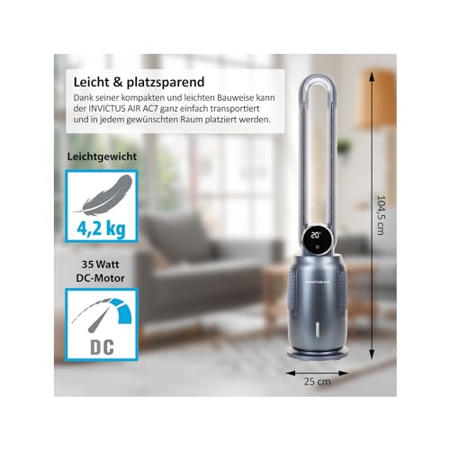 Genius Invictus AIR AC7 Turmventilator 4in1 Luftkühler, LED-Display | 6-teiliges Set, 12h Timer, 12 Geschwindigkeiten, 25 Dezibel, 2 KÃ¼hlakkus, Ionisator, Fernbedienung