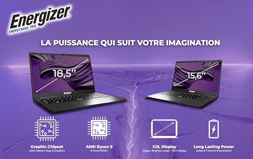 Energizer EnergyBook Pro 18.5 – Laptop mit 18,5" FHD IPS-Display – AMD Ryzen 5 3,7 GHz – 16 GB RAM, 512 GB NVMe SSD – Vega 8 – Windows 11 – Langlebiger 6000-mAh-Akku – QWERTY-Tastatur – Höchstleistung
