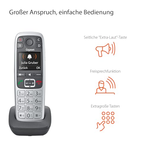 Gigaset E560HX - DECT-Mobilteil mit Ladeschale - Fritzbox-kompatibel - Schnurloses Senioren-Telefon für Router und DECT-Basis - Notruf mit 4 Nummern, silber [Deutsche Version] [Ohne Basis]