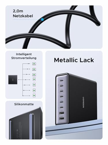 UGREEN USB C Ladegerät 200W, 8-Port Desktop Ladestation,100W Laptop Charger | platzsparend für Schreibtisch, Multi-Geräte Laden, PPS Schnellladegerät, kompatibel mit MacBook Pro/Air, iPhone, Galaxy usw.