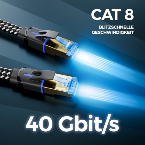 deleyCON 3,0m CAT 8 Flach Netzwerkkabel Nylon RJ45 40 Gbit/s - Schwarz