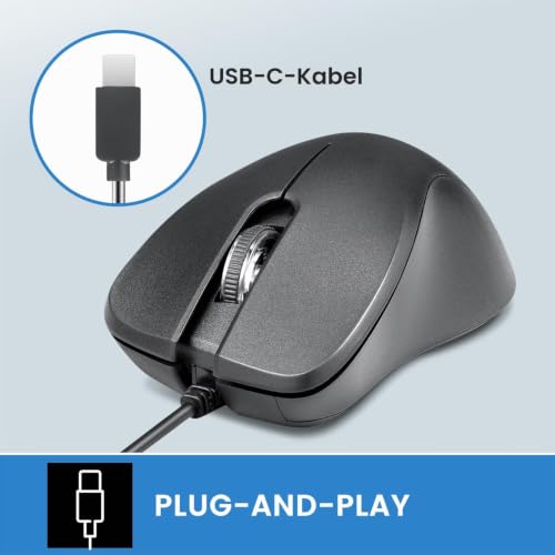 Perixx PERIMICE-221C Kabelgebundene Ergonomische Maus mit USB Typ-C Anschluss - 1,5 Meter Kabel - Optisches 1000 DPI Design - Schwarz