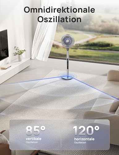 DREO Standventilator mit intelligenter Steuerung, 101,6–111,8 cm höhenverstellbar, DC leiser Ventilator für Schlafzimmer, 120°+85° omnidirektionaler oszillierender Ventilator, 30,5 m Luftstrom, 10