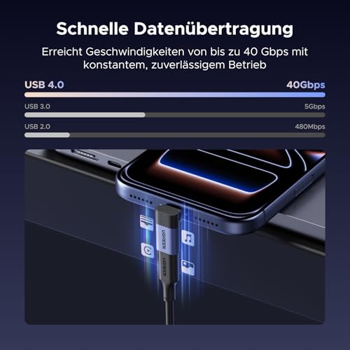 UGREEN USB C Winkel Adapter 90 Grad 3 Stück, Max. 40Gbps Datenübertragung | USB C Stecker auf Buchse, 240W Schnellladeadapter, 8K@60Hz für Steam Deck Laptop Tablet Handy Spielkonsole usw.