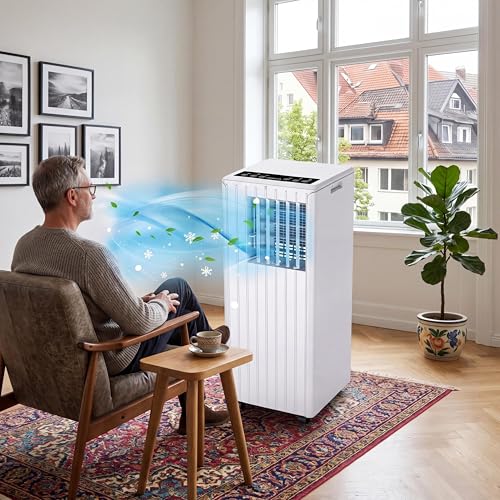 Koioplie Mobile Klimaanlage 9000 BTU 2,6 kW mit Dual-Schlauch-System, flüsterleise ≤45 dB, 3 Betriebsarten Mobilklimaanlage, 24h Timer, inklusive Fernbedienung, effiziente Kühlung für Räume bis 35 m²