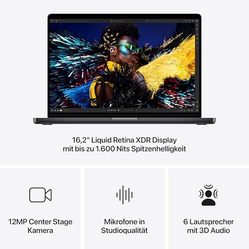 Apple 2024 MacBook Pro Laptop mit M4 Pro Chip mit 14-Core CPU und 20-Core GPU: 16,2" Liquid Retina XDR Display, 24 GB gemeinsamer Arbeitsspeicher, 512 GB SSD Speicher; Space Schwarz