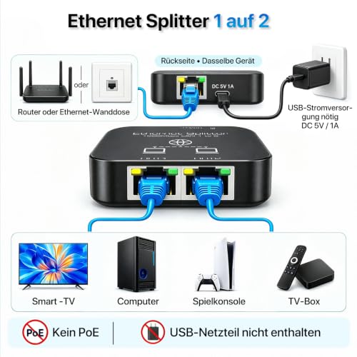 KiWiBiRD LAN Splitter 1 auf 2, LAN Switch 2 Port, LAN Verteiler 1 auf 2 | Ethernet Splitter Gigabit Switch RJ45 1000Mbps für Cat 8 7 6 5 5e, Kompatibel mit Router TV Box PC Laptop PS5