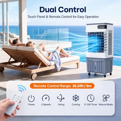 MIAOXIAOLONG 3531-70588 CFM Swamp Cooler, Tragbarer Verdunstungsluftkühler Mit 30L-60L Wassertank, 120° Oszillation, 3 Stufen, 12H Timer, Fernbedienung Für Garage, Terrasse, Große Räume 45L(40-50㎡)