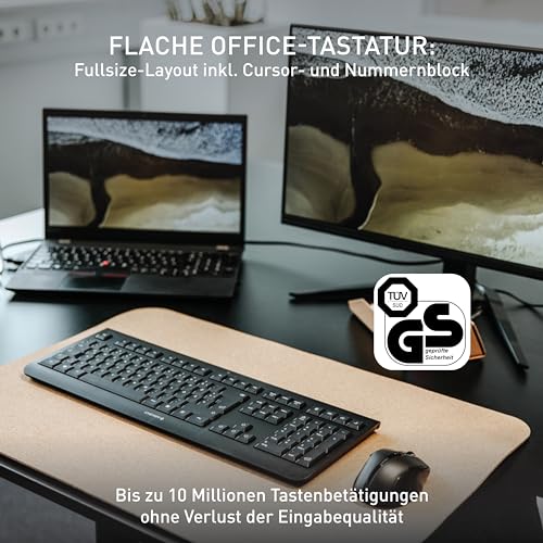 CHERRY KW 3000, Kabellose Office-Tastatur, Deutsch QWERTZ, Schwarz | Flaches Fullsize-Keyboard mit Nummernblock, Verbindung über 2,4 GHz Funk mit USB-Dongle, Leise Tasten, Batteriebetrieben