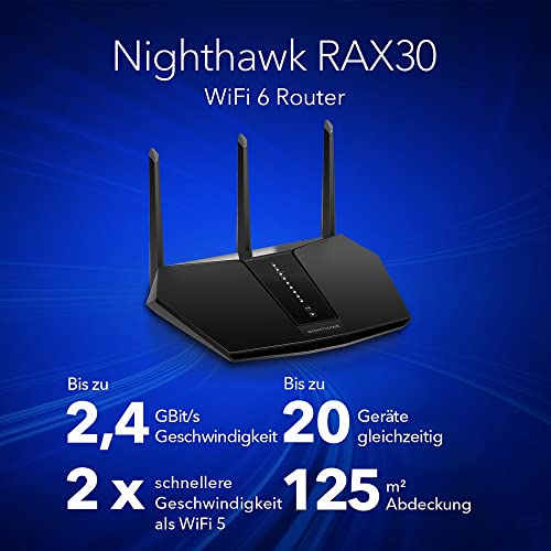 NETGEAR Nighthawk RAX30 WiFi 6 WLAN Router AX2400 (5 Streams mit bis zu 2,4 GBit/s, WiFi 6 Router Abdeckung bis zu 175 m², Smart Roaming)