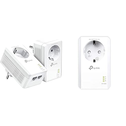 TP-Link TL-PA7027P KIT Powerline Netzwerkadapter (1000Mbit/s über Powerline) weiß & TL-PA7017 P AV1000 Gigabit Powerline Adapter mit Steckdose (1x Gigabit Port, Plug und Play, energiesparend) weiß