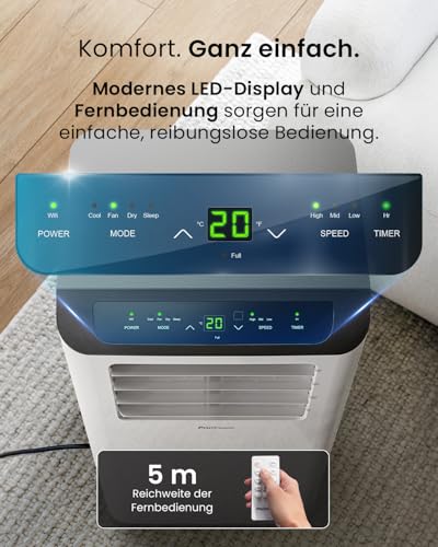 Pro Breeze Mobiles Klimagerät 14000 BTU – Klimaanlage mit Abluftschlauch, WiFi Smart Home Steuerung, 24h Timer, LED Display & Fensterabdichtung – Mobile Klimaanlage für Wohnung, Büro & Zuhause