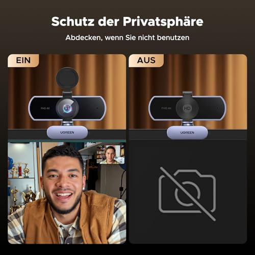 UGREEN FineCam Lite 4K, Autofokus, Dual-Mikrofon, mit Objektivabdeckung | UHD Webcam 4K, 70° FOV, automatische Lichtkorrektur, Rauschunterdrückung, USB-A/C Anschluss, Plug and Play, für PC/Laptop