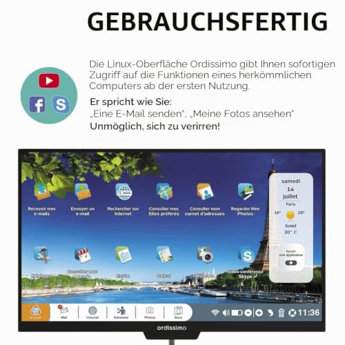 ORDISSIMO - All In One PC Clara 2 - Einfache Bedienung für Senioren Geeignet - Großer, Flacher 23,8“ Bildschirm - Intuitive Benutzeroberfläche & Vereinfachte Tastatur - Kabellose Maus, WiFi - Schwarz