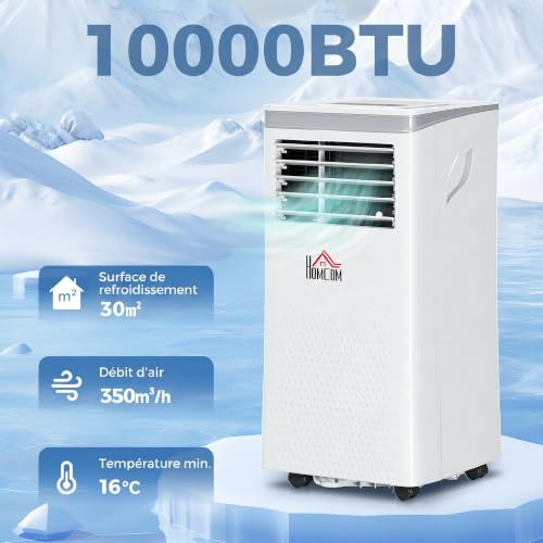 HOMCOM Mobile Klimaanlage 10000 BTU, tragbare Klimaanlage 4 in 1 Kühlung, Luftentfeuchter, Ventilator, Nachtmodus, WiFi, App & Sprache, Fernbedienung, 24H Timer, 2 Geschwindigkeiten, 30m², Klasse A