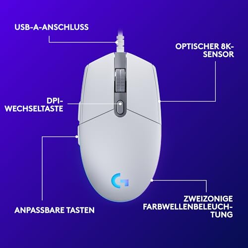 Logitech G203 Gaming-Maus mit anpassbarer LIGHTSYNC RGB-Beleuchtung | 6 programmierbare Tasten, spieletauglicher Sensor, Abtastung mit 8.000 DPI, Geringes Gewicht - Weiß
