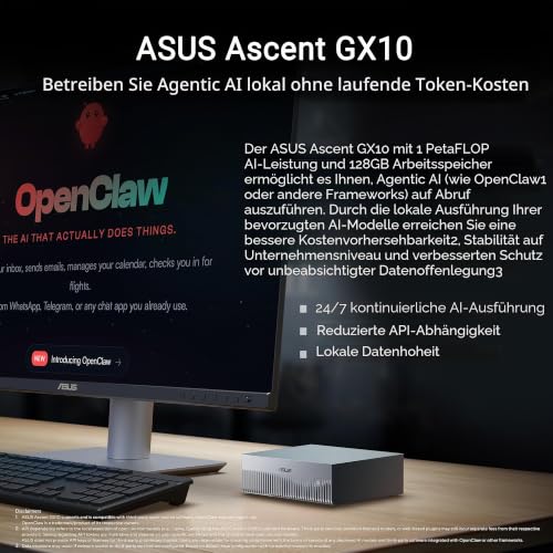 ASUS Ascent GX10-GG0026BN 2TB KI Supercomputer (NVIDIA GB10 Grace Blackwell Superchip, 1 petaFLOP -Leistung, 128 GB Speicher, DGX Spark, NVLink-C2C, ConnectX-7, kompakt)