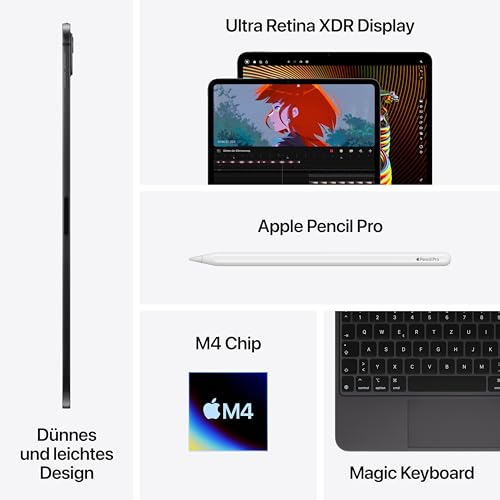 Apple 11" iPad Pro (M4): Ultra Retina XDR Display, 1 TB, 12 MP Querformat Frontkamera/12 MP Rückkamera, LiDAR Scanner, WLAN 6E und 5G Mobilfunk mit eSIM, Face ID, Nanotexturglas – Silber