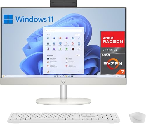 HP 27-cr0005ss – Computer 68,6 cm (27 Zoll), Full HD, mit Kamera, kabelloser Tastatur und Maus (AMD Ryzen 7 7730U, 16 GB RAM, 1 TB SSD, AMD Radeon Graphics, Windows 11) weiß, spanische QWERTY-Tastatur